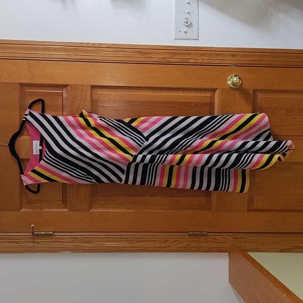 Vtg Nicole Miller Studio Dress 10 Sleeveless Striped Asymmetrical Pink Black